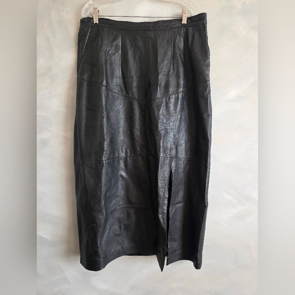 Vtg Black Leather Midi Skirt Paneled Design Front Slit High Waist XXL